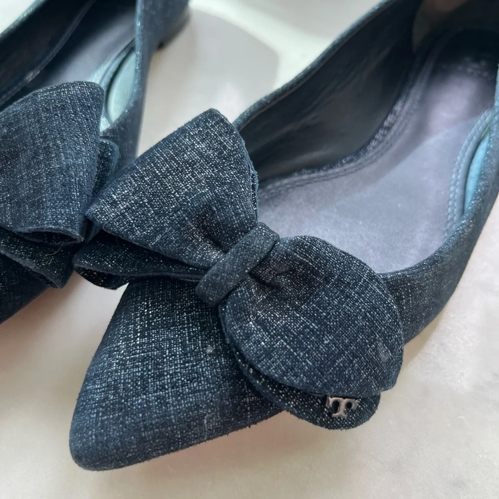 Tory Burch Navy Rosalind Pointed Toe Bow Flats sz 6.5